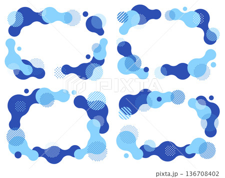 水色と青の繋がった円とドットとストライプ柄の円の飾りフレームセット 136708402