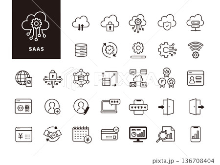 SaaS管理画面・クラウドサービス運用を表す黒一色ビジネスアイコンセット 136708404
