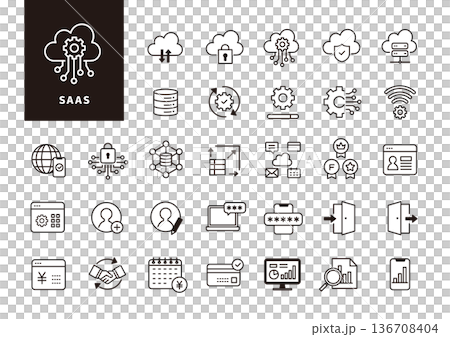 SaaS管理画面・クラウドサービス運用を表す黒一色ビジネスアイコンセット 136708404
