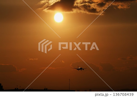 夕日を背にして着陸する飛行機 136708439