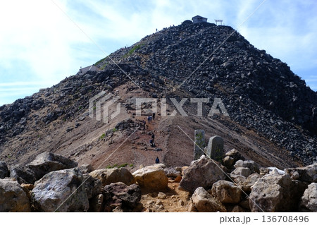 山頂へ続く登山道と鳥居のある岩峰を登る登山者（目標達成イメージ） 136708496