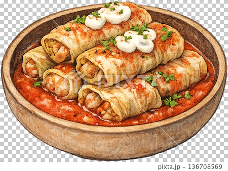 Hand drawn colored pencil stuffed cabbage illustration, Hungarian food, transparent background Hand drawn colored pencil stuffed cabbage illustration, Hungarian food, transparent background 136708569