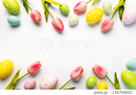 Easter eggs and tulips creating spring holiday frame Easter eggs and tulips creating spring holiday frame 136708602