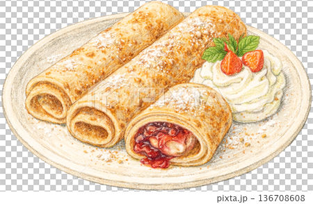 Hand drawn colored pencil palacsinta Hungarian crepes illustration, transparent background 136708608