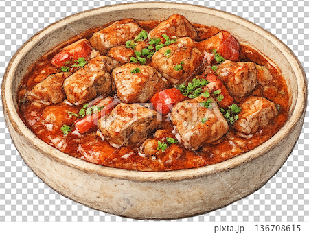 Hand drawn colored pencil porkolt stew illustration, Hungarian food, transparent background 136708615