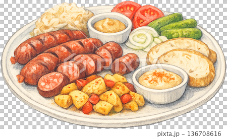 Hand drawn colored pencil Hungarian sausage platter illustration, transparent background 136708616