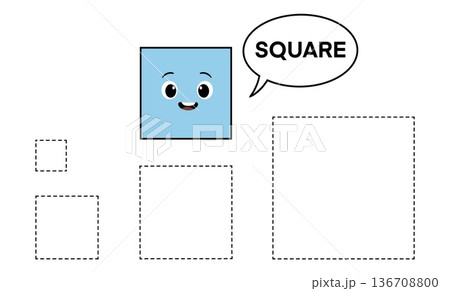 Cute square character with speech bubble and dotted square outlines for tracing and matching sizes. Educational worksheet for preschool kids to learn shapes, geometry basics, visual recognition, math 136708800