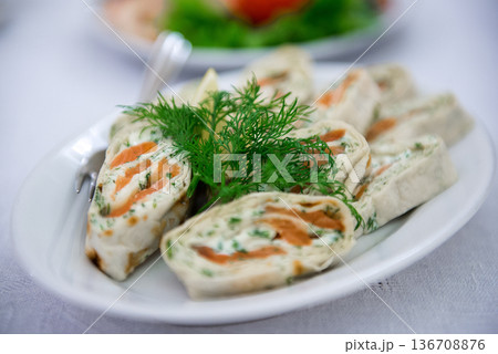 Salmon Wrap Appetizers With Fresh Dill Salmon Wrap Appetizers With Fresh Dill 136708876