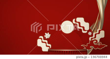 Happy Chinese new year 2026 with circle podium for show product and decoration China on red color style background.3D rendering 136708944