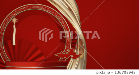 Happy Chinese new year 2026 with circle podium for show product and decoration China on red color style background.3D rendering 136708948