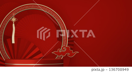 Happy Chinese new year 2026 with circle podium for show product and decoration China on red color style background.3D rendering Happy Chinese new year 2026 with circle podium for show product and decoration China on red color style background.3D rendering 136708949