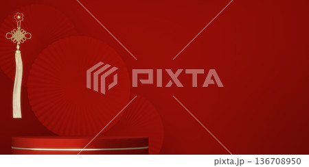 Happy Chinese new year 2026 with circle podium for show product and decoration China on red color style background.3D rendering Happy Chinese new year 2026 with circle podium for show product and decoration China on red color style background.3D rendering 136708950