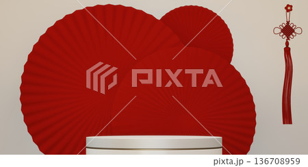 Year of China red concept Podium, minimal geometric design.3D rendering Year of China red concept Podium, minimal geometric design.3D rendering 136708959