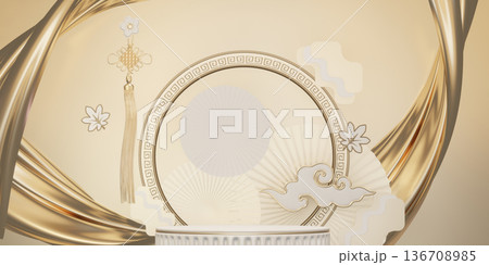 Chinese white and gold podium design on white background design. 3D rendering 136708985