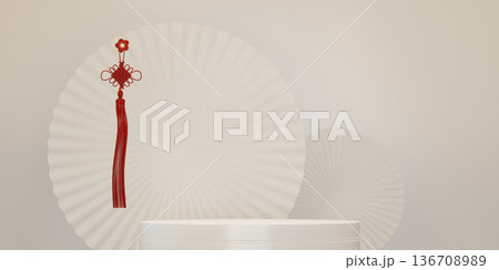 Chinese white and gold podium design on white background design. 3D rendering Chinese white and gold podium design on white background design. 3D rendering 136708989