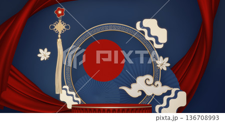 Year of the Horse ,China blue and golden Podium, minimal blue geometric design.3D rendering 136708993