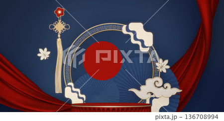 Year of the Horse ,China blue and golden Podium, minimal blue geometric design.3D rendering 136708994