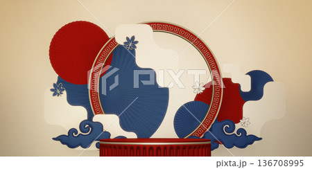 Year of the Horse ,China blue and golden Podium, minimal blue geometric design.3D rendering Year of the Horse ,China blue and golden Podium, minimal blue geometric design.3D rendering 136708995