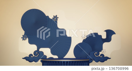 Year of the Horse ,China blue and golden Podium, minimal blue geometric design.3D rendering Year of the Horse ,China blue and golden Podium, minimal blue geometric design.3D rendering 136708996
