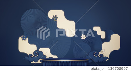 Year of the Horse ,China blue and golden Podium, minimal blue geometric design.3D rendering Year of the Horse ,China blue and golden Podium, minimal blue geometric design.3D rendering 136708997