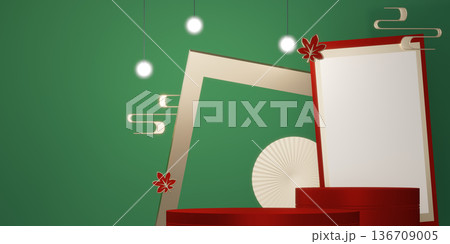 Happy Chinese new year 2026 with circle podium for show product and decoration China green background.3D rendering 136709005