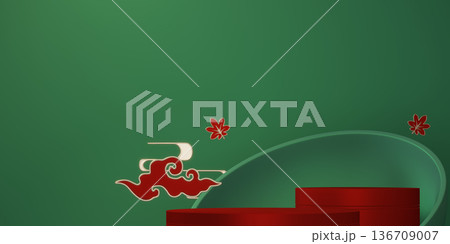 Happy Chinese new year 2026 with circle podium for show product and decoration China green background.3D rendering 136709007