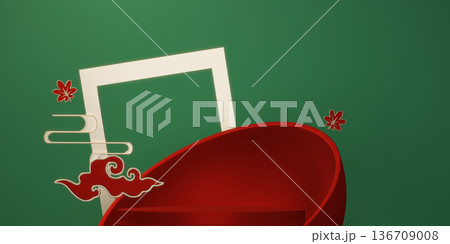 Happy Chinese new year 2026 with circle podium for show product and decoration China green background.3D rendering Happy Chinese new year 2026 with circle podium for show product and decoration China green background.3D rendering 136709008