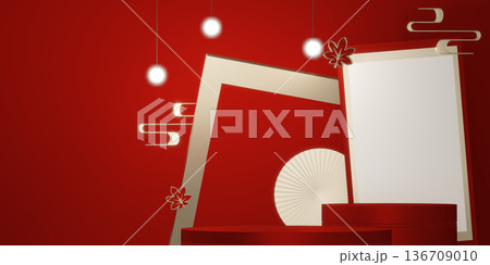 Happy Chinese new year 2026 with circle podium for show product and decoration China on red color style background.3D rendering Happy Chinese new year 2026 with circle podium for show product and decoration China on red color style background.3D rendering 136709010