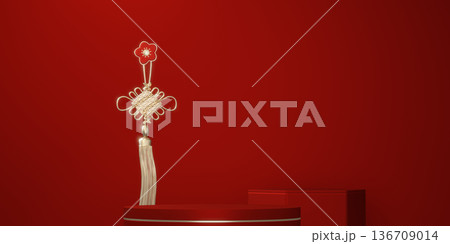 Happy Chinese new year 2026 with circle podium for show product and decoration China on red color style background.3D rendering 136709014