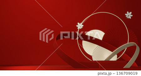 Happy Chinese new year 2026 with circle podium for show product and decoration China on red color style background.3D rendering 136709019