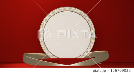 Happy Chinese new year 2026 with circle podium for show product and decoration China on red color style background.3D rendering Happy Chinese new year 2026 with circle podium for show product and decoration China on red color style background.3D rendering 136709020