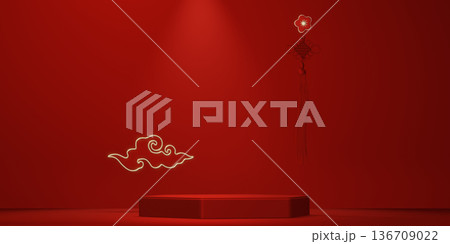 Happy Chinese new year 2026 with circle podium for show product and decoration China on red color style background.3D rendering Happy Chinese new year 2026 with circle podium for show product and decoration China on red color style background.3D rendering 136709022