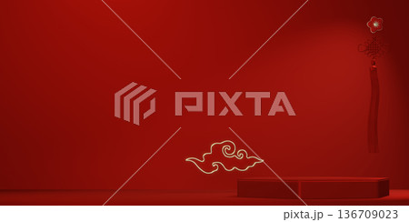 Happy Chinese new year 2026 with circle podium for show product and decoration China on red color style background.3D rendering 136709023