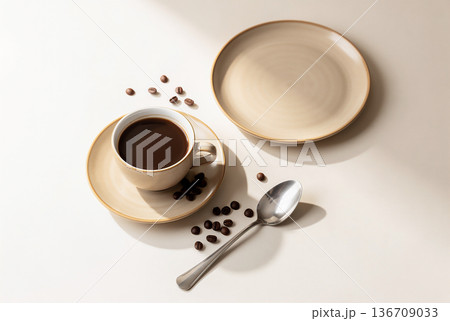 陶器カップとコーヒー豆とスプーンが彩るおしゃれなひととき 136709033