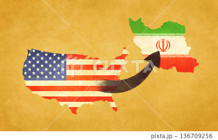 Maps of USA and Iran with arrow 136709256