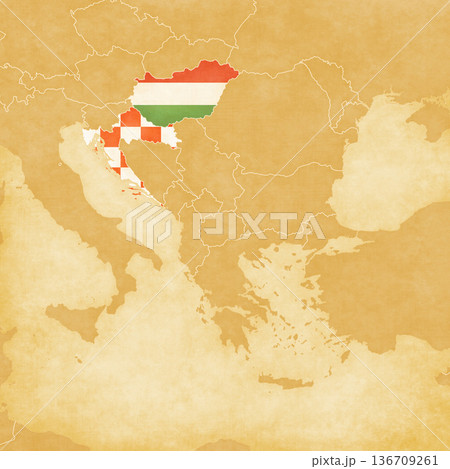 Ocher map of Balkans - Hungary and Croatia 136709261
