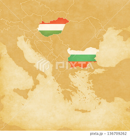 Ocher map of Balkans - Hungary and Bulgaria 136709262