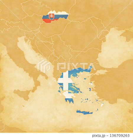 Ocher map of Balkans - Slovakia and Greece 136709263