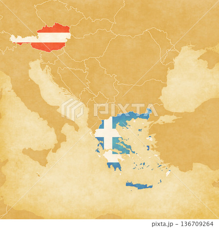 Ocher map of Balkans - Austria and Greece Ocher map of Balkans - Austria and Greece 136709264