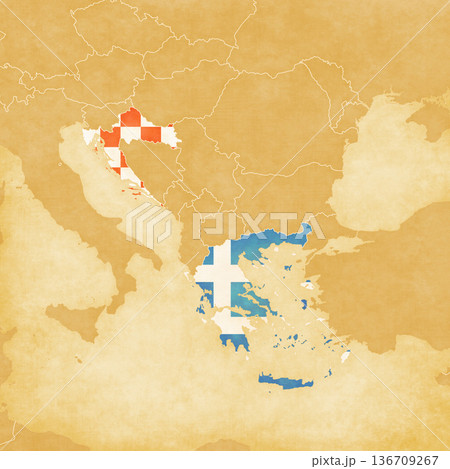 Ocher map of Balkans - Croatia and Greece 136709267