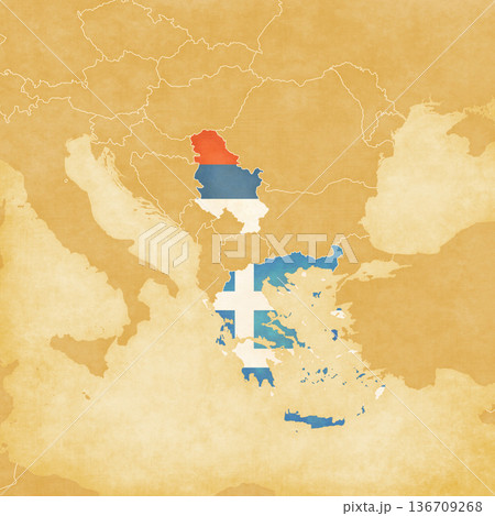 Ocher map of Balkans - Serbia and Greece 136709268
