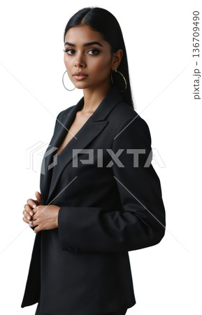 A South Asian female business leader, standing with elegance and poise, her expression thoughtful and determined, symbolizing the combination 136709490