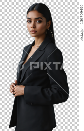A South Asian female business leader, standing with elegance and poise, her expression thoughtful and determined, symbolizing the combination 136709490