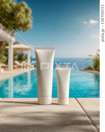 リゾートプール背景の白い日焼け止めチューブ2本セット｜無地ラベルのUVケア化粧品モックアップ 136709555