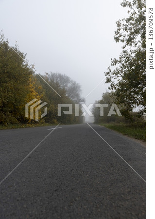 a narrow country road with trees on the edge of the road in the autumn season, cloudy weather with a gray nondescript sky, thick fog in the morning due to climate change 136709578