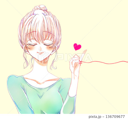 運命の赤い糸を結んだお団子頭の女性 136709677