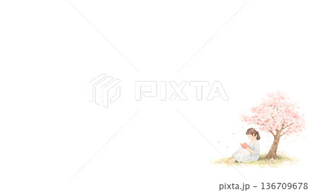 桜の木の下で本を読む少女　春の優しい水彩イラスト素材 136709678