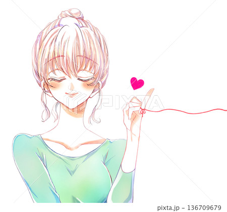 運命の赤い糸を結んだお団子頭の女性 136709679