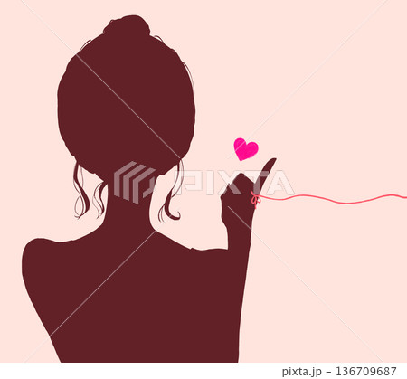運命の赤い糸を結んだお団子頭の女性　シルエット 136709687