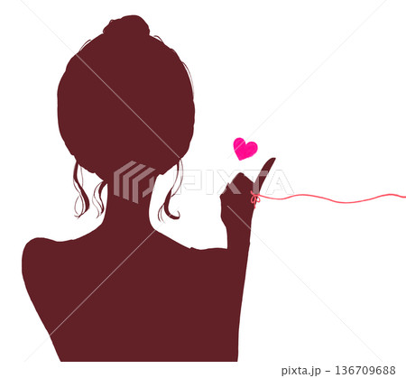 運命の赤い糸を結んだお団子頭の女性　シルエット 136709688